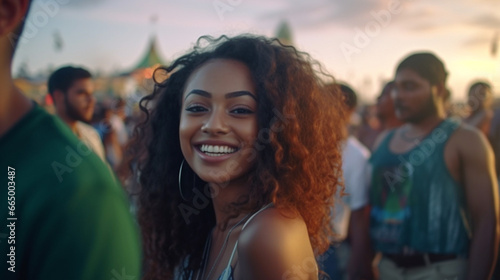 A cheerful woman with curly hair stands in a lively crowd, possibly at a beach or festival, surrounded by smiling people, capturing a joyful and engaging atmosphere. © wetzkaz