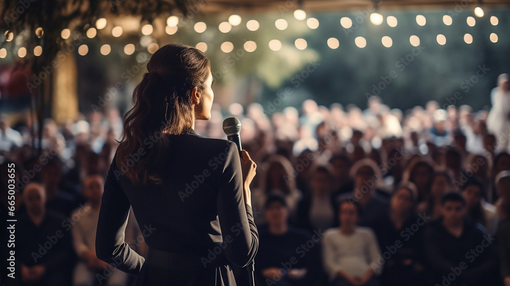 Back view of professional female business entrepreneur giving lecture, seminar in front of audience holding microphone - obrazy, fototapety, plakaty 