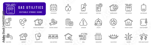 Gas utility line icon set. House, bill, service, meter etc. Editable stroke