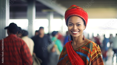 A beaming Asian woman in a red hat and vibrant dress shines amidst a diverse crowd in a lively public space, radiating positivity and joy.