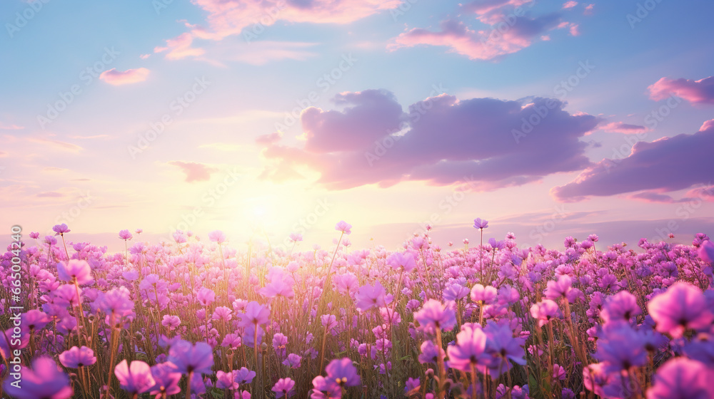 Naklejka premium Summer flower meadow wildflower field pink with morning sunlight, Idyllic spring background with blossoming lilac bushes flowers and pink wildflowers on meadow