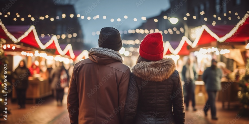 Fototapeta premium Rear view of a young couple wears red Santa hat walking in Christmas market decorated with holiday lights in the evening. Feeling happy in big city, generative ai
