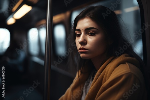 Depressed young woman rides public transportation from work © Iryna