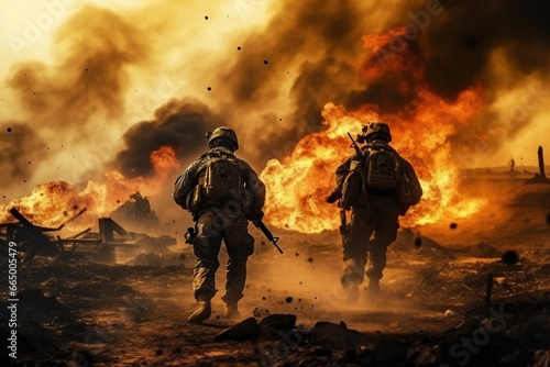 military special forces soldiers crosses destroyed warzone through fire and smoke in the desert