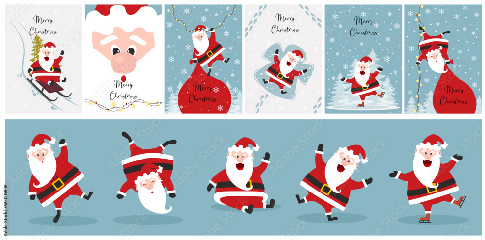 Fototapeta premium Funny happy Santa Claus character with gift, bag with presents, for Christmas cards, banners
