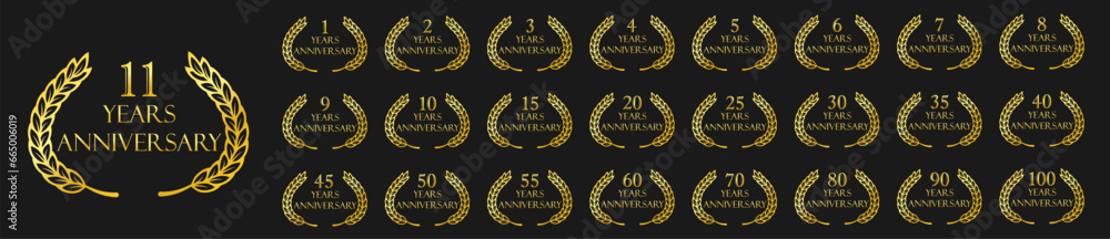 Set of anniversary logotype. Golden anniversary celebration emblem design for company. Vector illustration.