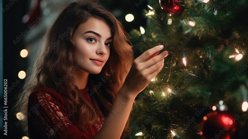 Beautiful woman decorate Christmas tree. Beautiful woman decorate Christmas tree.
