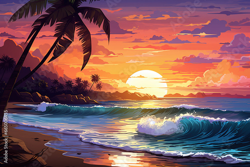 illustration beach palm trees sea waves beautiful sunset sky