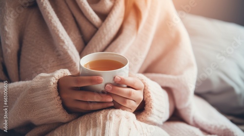 A young, ill woman holding a cup of hot tea in her hands while lying in bed. Generative AI