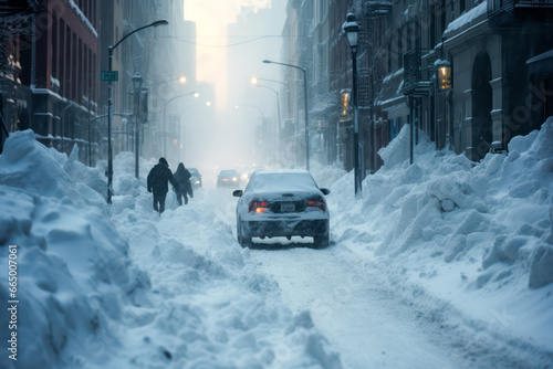 Car on a snowed in road in the city