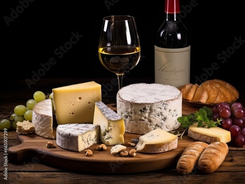 Cheese board with different varieties and glass of white wine. AI