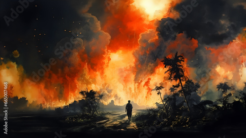 soldier in front of a massive fire