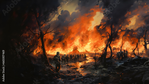 soldiers in front of a massive fire