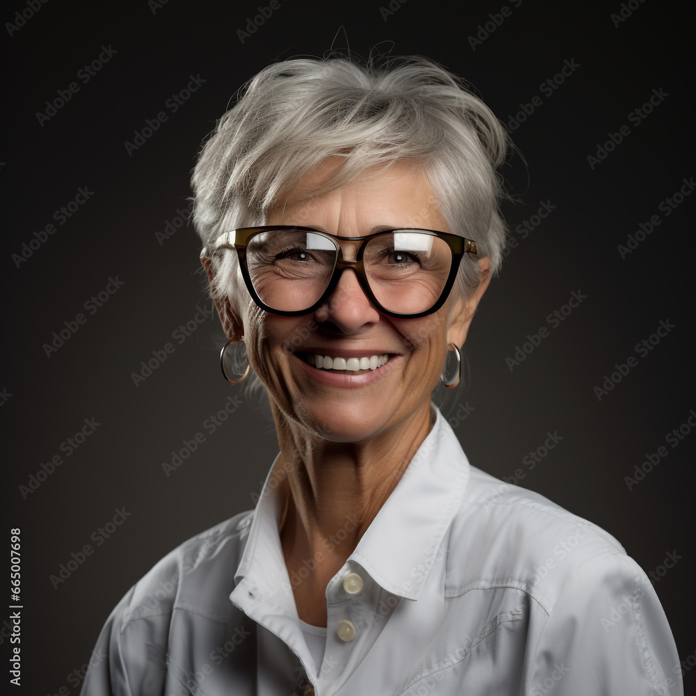 Portrait of a Beautiful, Mature Woman Wearing Glasses and Smiling