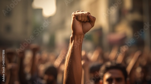 Close-up of people at a demonstration with raised fist. photo