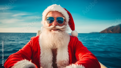 A Blue Christmas Cruise: Celebrating with Captain Claus on the Age-Old Boat with Buoy and Inflatable Circle, Wearing Life Vests and Cool Summer Gear, © Generative Professor