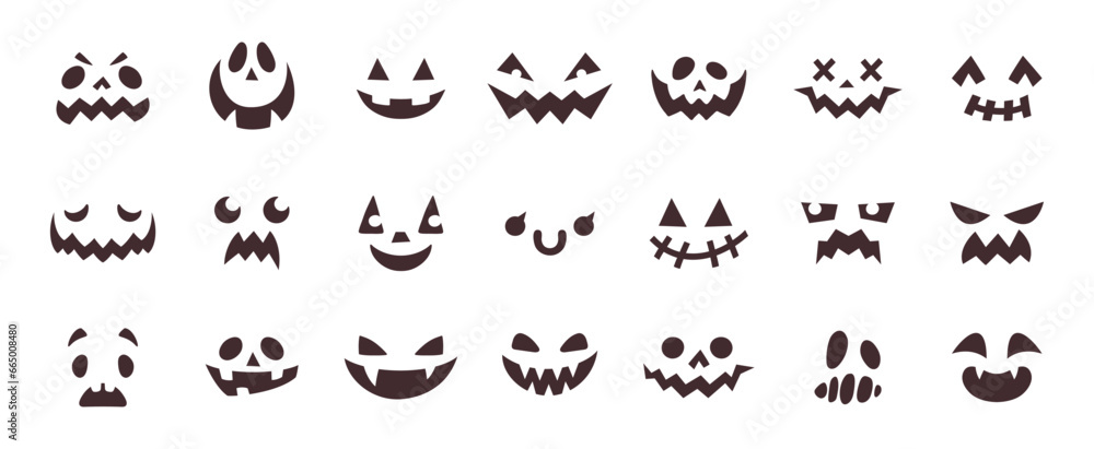 Spooky halloween pumpkin faces, scary monster or ghost face expressions. Creepy character evil eyes and smile, autumn holiday horror decor element, funny pumpkin lantern cut out silhouette vector set - obrazy, fototapety, plakaty 