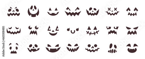 Spooky halloween pumpkin faces, scary monster or ghost face expressions. Creepy character evil eyes and smile, autumn holiday horror decor element, funny pumpkin lantern cut out silhouette vector set