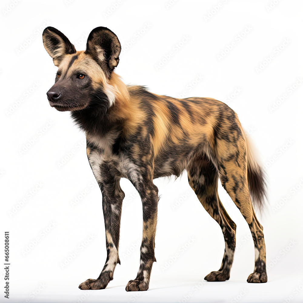 African Wild Dog side profile isolated on white background African Wild Dog side profile isolated on white background