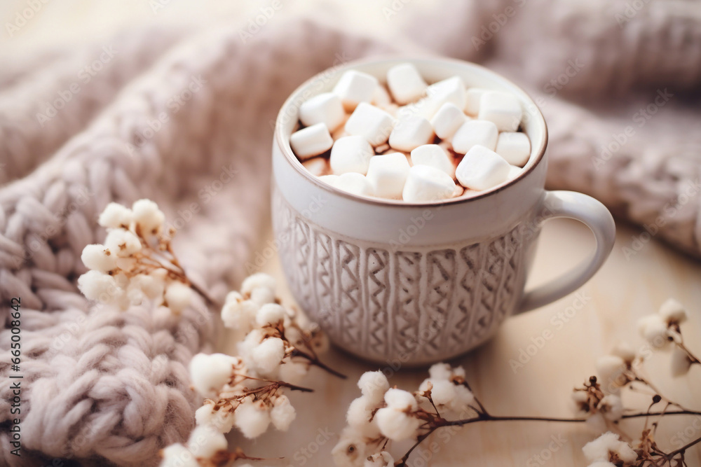 Mug with hot chocolate cacao with marshmallows, cozy warm sweater and cozy decoration. Mug with hot chocolate cacao with marshmallows, cozy warm sweater and cozy decoration.