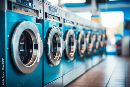 A row of industrial washing machines in the laundry room. The concept of self-service dry cleaning of fast laundry.