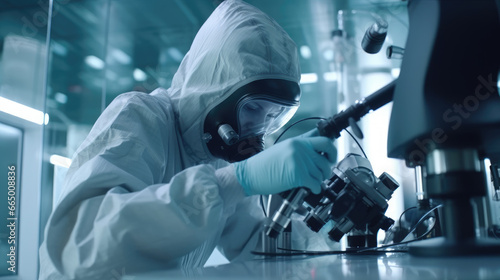 A dedicated researcher is carefully using a powerful microscope to examine a dangerous pathogen