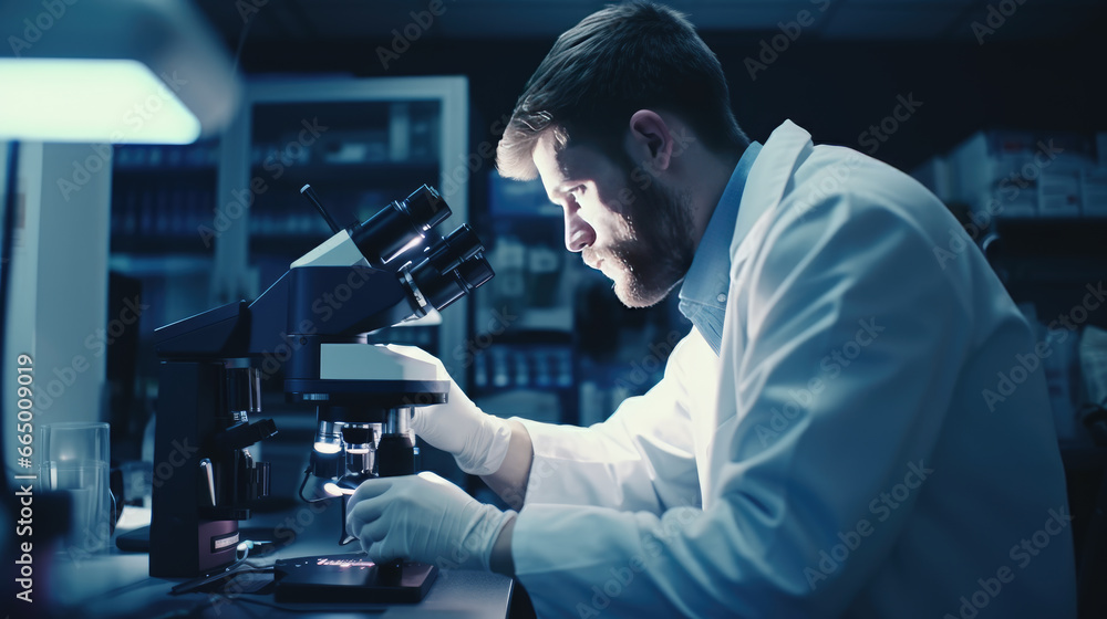 A dedicated researcher is carefully using a powerful microscope to examine a dangerous pathogen A dedicated researcher is carefully using a powerful microscope to examine a dangerous pathogen