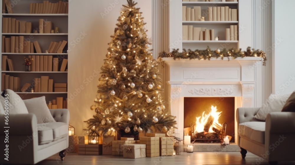 Festive Home Decor: A Chic Living Space with Fireplace and Ornamented Christmas Tree for the Holiday Season.