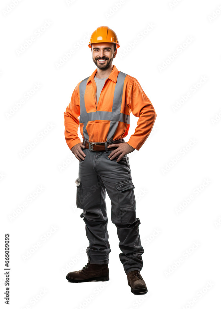 Bricklayer posing with satisfaction isolated on white background. AI generative. Bricklayer posing with satisfaction isolated on white background. AI generative.