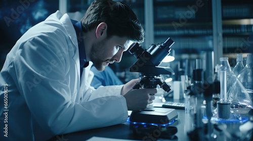 A dedicated researcher is carefully using a powerful microscope to examine a dangerous pathogen