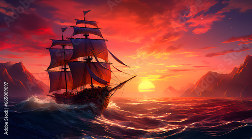 old sailing ship sailing in the ocean during sunset on red tone background