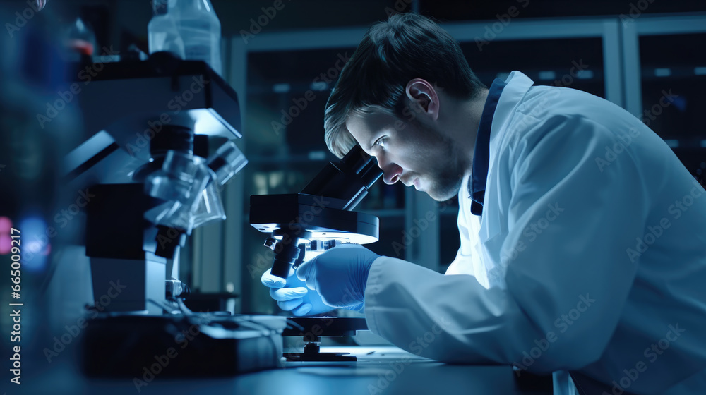 A dedicated researcher is carefully using a powerful microscope to examine a dangerous pathogen A dedicated researcher is carefully using a powerful microscope to examine a dangerous pathogen