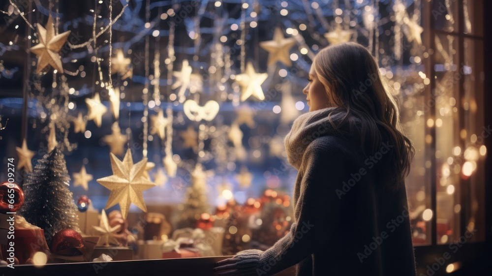 Joyful Christmas Spirit: Young girl admiring Christmas decor while window shopping in city amidst poverty