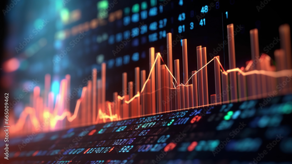 holographic stock chart dashboard structure floats in upward direction ...