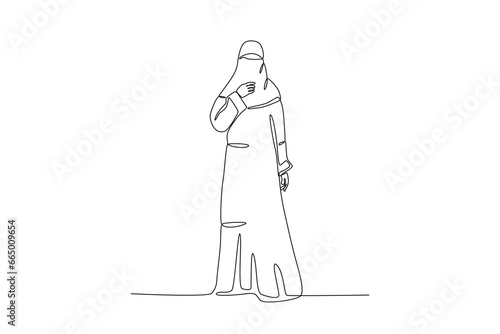 A Muslim woman wearing a niqab. Niqab one-line drawing