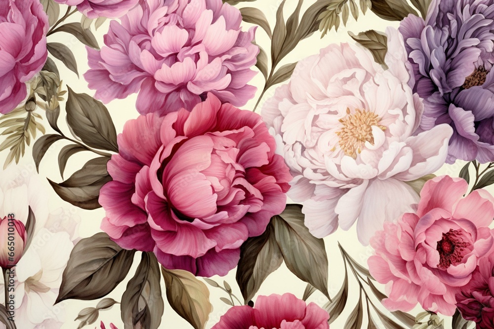 Pattern of peony and blooming flowers with watercolor on pastel background. Suitable for fabric and wallpaper with vintage style floral pattern illustration. Ideal for botany gardens. Generative AI