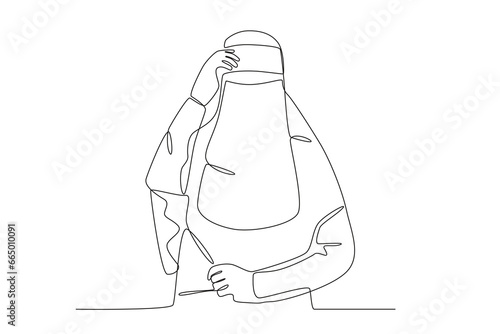 A woman wearing traditional Arabic clothing. Niqab one-line drawing