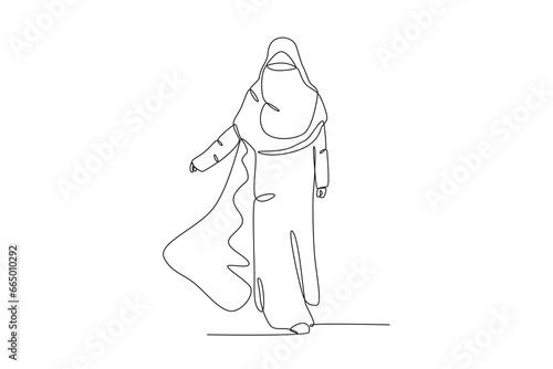 A woman wearing a dress and niqab. Niqab one-line drawing