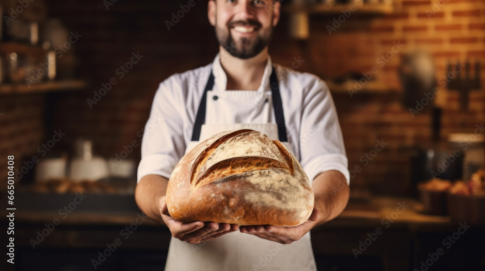 Man is holding fresh rye wheat loaf of bread Closeup on bakery background