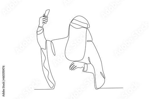 A woman taking a selfie wearing a niqab. Niqab one-line drawing