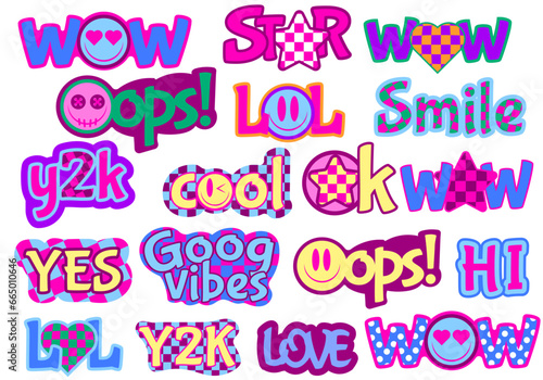  retro stickers with bright funny faces and inscription, vector illustration y2k, y2k stickers 