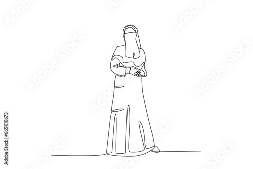 A woman standing majestically wearing a niqab. Niqab one-line drawing