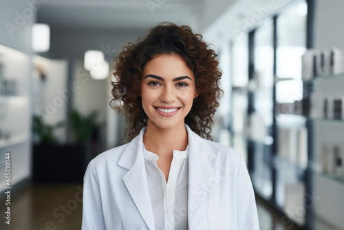 A dermatologist in a pristine white coat wears a genuine smile, assuring her patients that they will receive expert care for their skin conditions. 