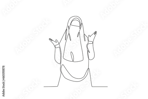 A woman poses happily wearing a niqab. Niqab one-line drawing