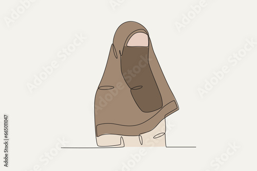 Color illustration of a woman wearing a beautiful niqab. Niqab one-line drawing
