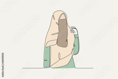 Color illustration of a woman wearing a niqab looking close. Niqab one-line drawing