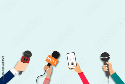 Journalist hands with microphones and smartphone. Reporters with mics take interview for news broadcast, press conference or newscast. Media vector concept.