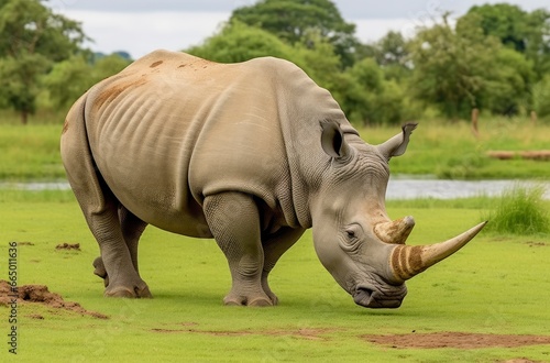 White Rhino grazing.