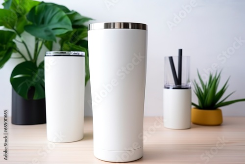 White stainless steel sublimation blank tumblers with straw, product shot. © MKhalid