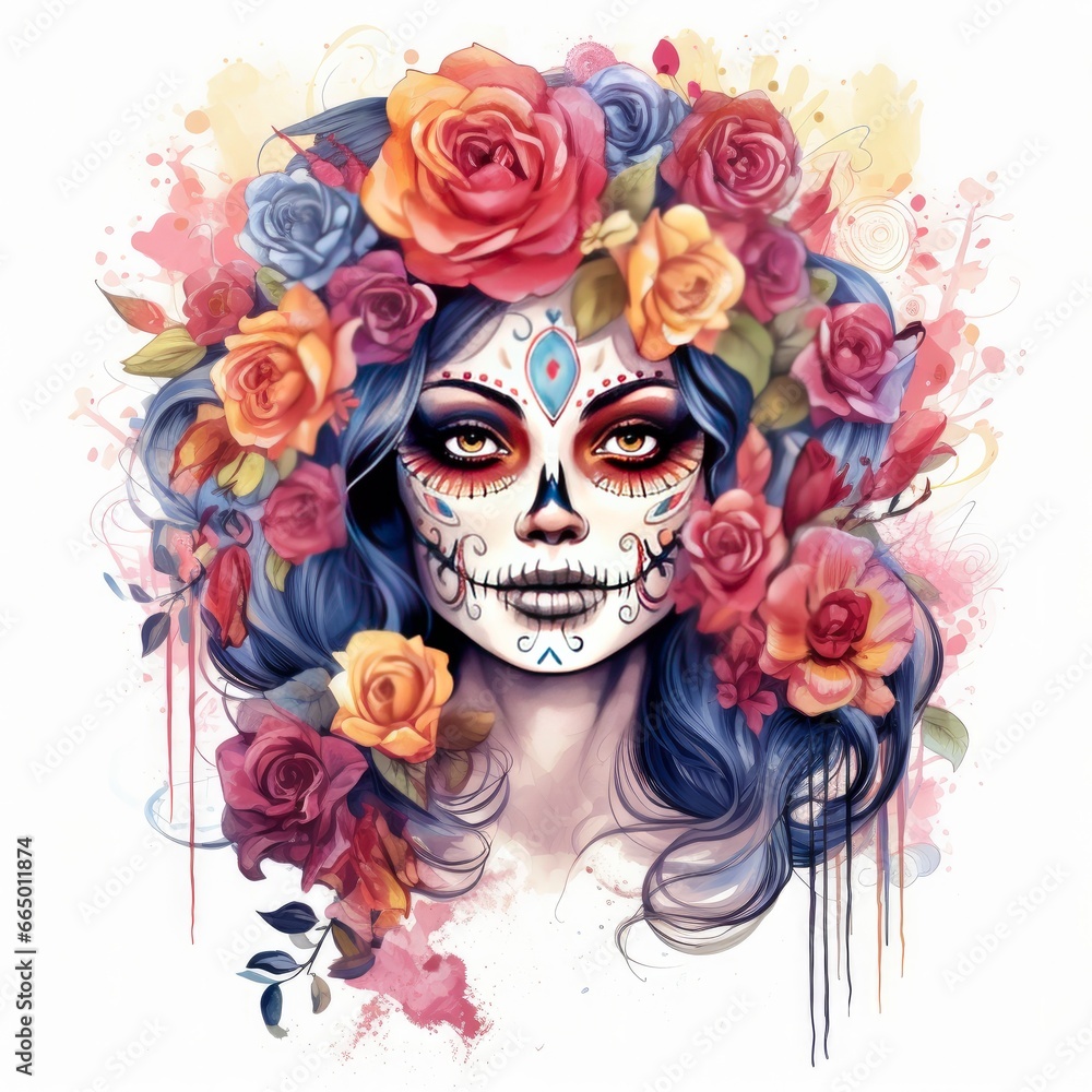 Woman sugar skull with beautiful colored flowers on white background.